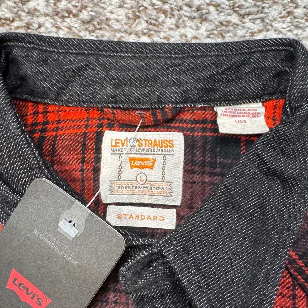 Levi Strauss Large Red Black Plaid Western Standard Fit Flannel Shirt Pearl Snap - Picture 3 of 7